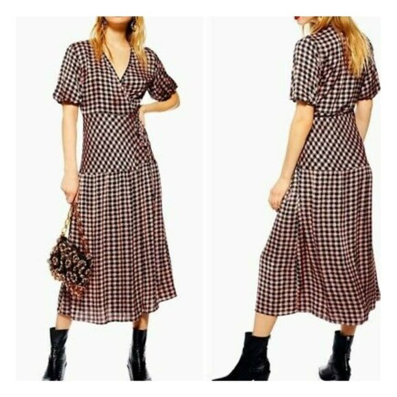 Topshop Dresses & Skirts - Topshop Women's  Wrap Plunge V Neck Checkered Print Midi Dress Size 2 Small